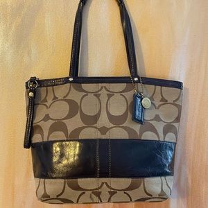 Coach jaquard with patent leather khaki brown medium signature stripe tote bag